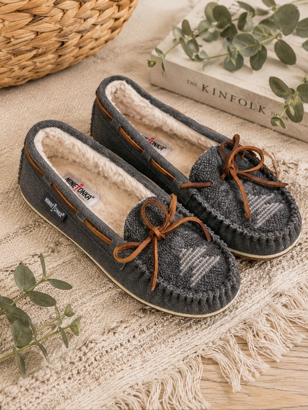 MINNETONKA Charcoal Suede Moccasin Slipper with Faux Fur